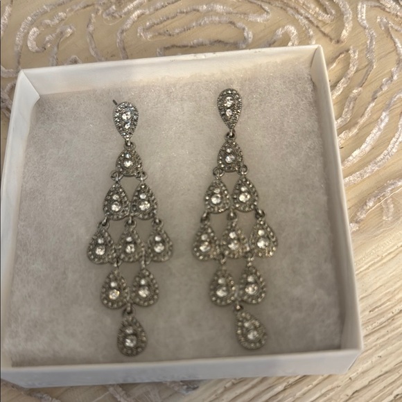 Jewelry - Silver Tiered Chandelier Earrings with Crystal Accents